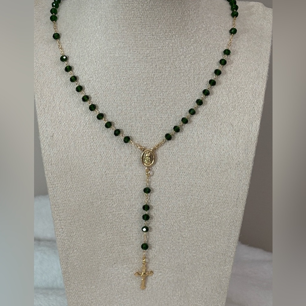 NEW Chrome Diopside Crystal Bead Guadalupe Rosary 18k Gold Filled Necklace